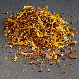 Rooibos Chai: Loose leaf rooibos, cardamom, cloves, cinnamon, ginger, marigold flowers