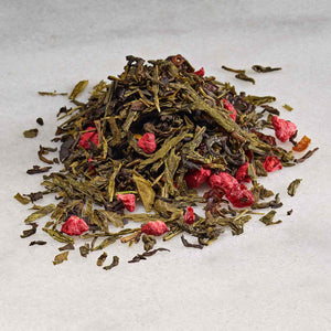 Green Pomegranate: Loose leaf green tea, rosehips, raspberries, pomegranate