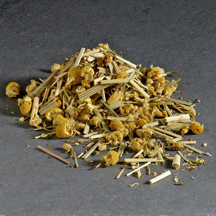 Here And Now: Loose leaf chamomile flowers, lemongrass, tulsi, spearmint, peppermint