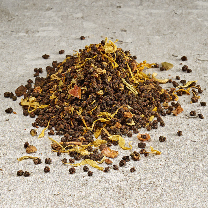 Masala Chai: Loose leaf black tea, ginger root, cloves, black pepper, cardamom, star anise, marigold petals, cinnamon