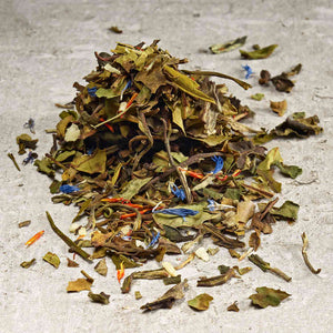 White Coconut Creme: Loose leaf white Tea, safflower, cornflowers, coconut