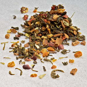 Cleanse: Loose leaf green tea, orange peel, cinnamon, ginger, senna, cacao nibs, fennel, pomegranate arils